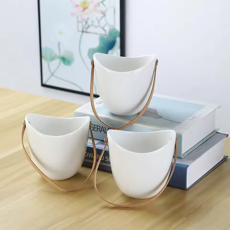 Aloe Vera Pot - White Hanging Planter Pot with Leather